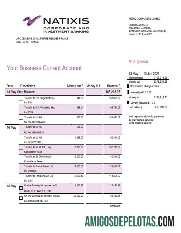 Baixável Natixis Algerie Bank Comprovante de endereço Modelo de extrato bancário em formato Word e PDF